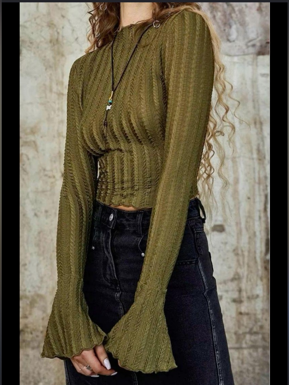 Olive Green Textured Long-Sleeve Crop Top - Brand: